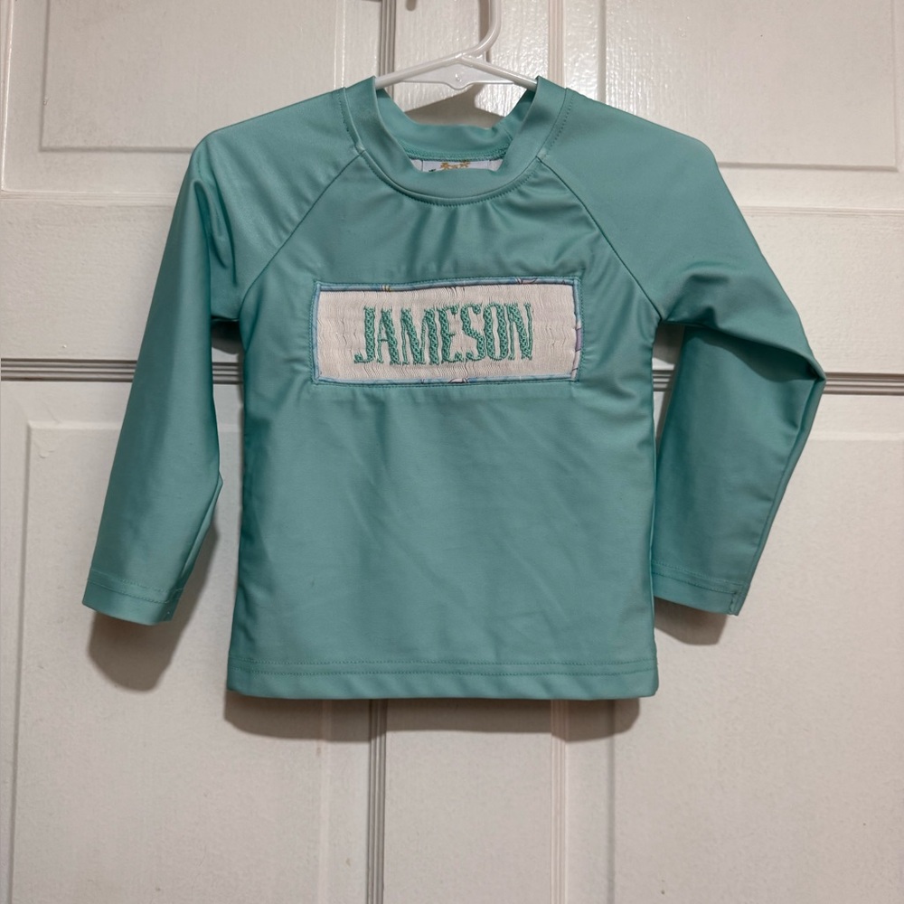 24 Month “Jameson” Monogrammed Smocked Rashguard Swim Top Teal Long Sleeve